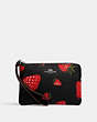 COACH®,CORNER ZIP WRISTLET WITH WILD STRAWBERRY PRINT,Leather,Silver/Black Multi,Front View