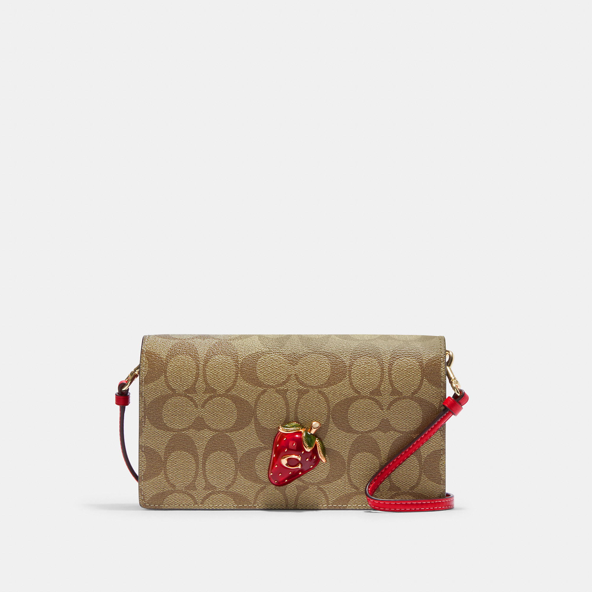 Coach Outlet Anna Foldover Clutch Crossbody In Signature Canvas With Strawberry In Brown