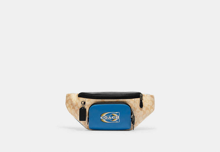 COACH®,TRACK BELT BAG IN COLORBLOCK SIGNATURE CANVAS WITH COACH STAMP,Black Antique Nickel/Light Khaki/Blue Jay Multi,Front View