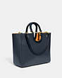 COACH®,RAE TOTE IN COLORBLOCK,Glovetanned Leather,Large,Brass/Dark Denim Multi,Angle View
