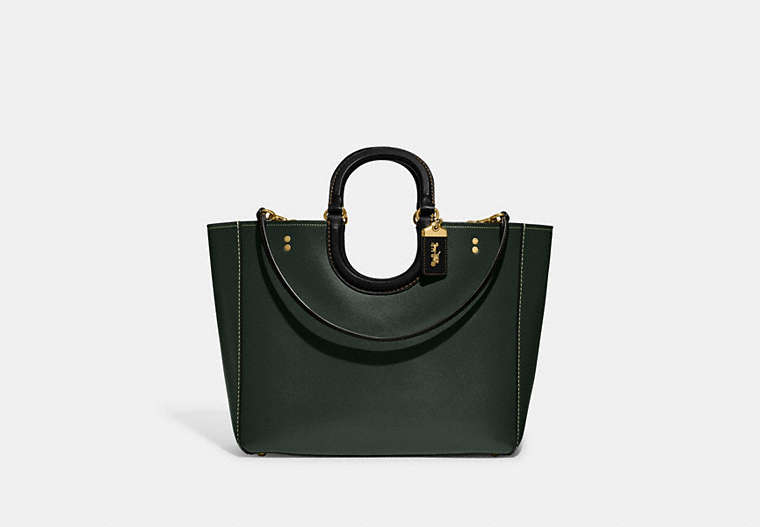 COACH®,RAE TOTE IN COLORBLOCK,Glovetanned Leather,Large,Brass/Amazon Green Multi,Front View
