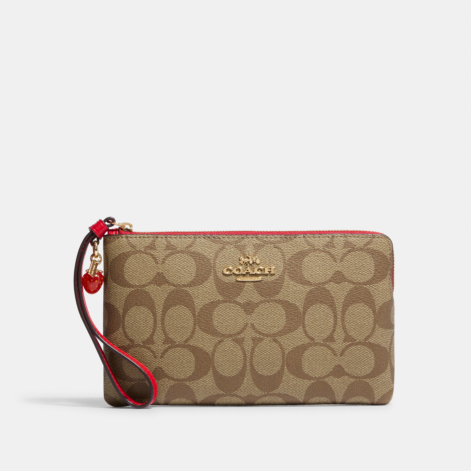 Coach Outlet Large Corner Zip Wristlet In Signature Canvas With Strawberry In Brown
