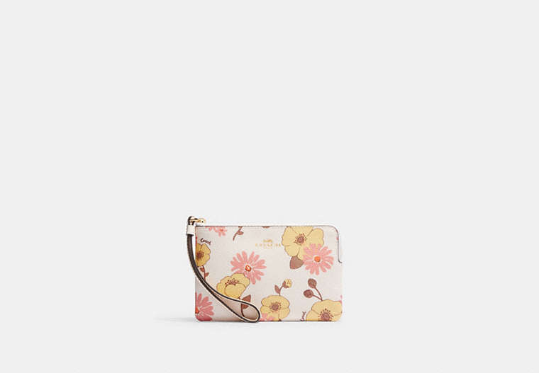 COACH®,CORNER ZIP WRISTLET WITH FLORAL CLUSTER PRINT,Gold/Chalk Multi,Front View