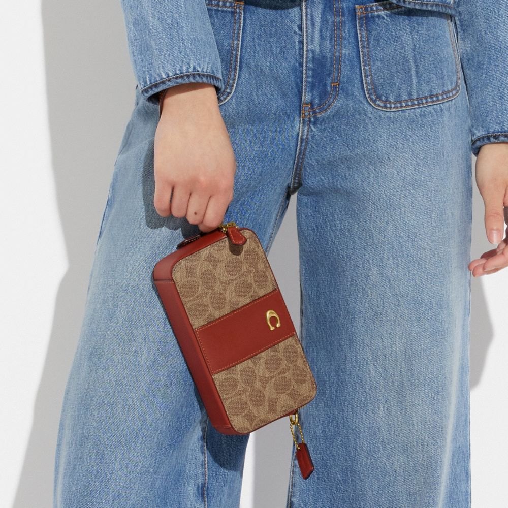 Coach Kira Crossbody In Colorblock Signature Canvas In Brass/tan/rust