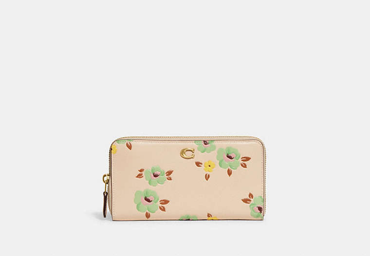 COACH®,ACCORDION ZIP WALLET WITH FLORAL PRINT,Refined Calf Leather,Mini,Floral,Brass/Ivory Multi,Front View
