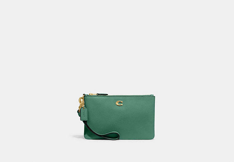 COACH®,SMALL WRISTLET,Polished Pebble Leather,Mini,Brass/Bright Green,Front View