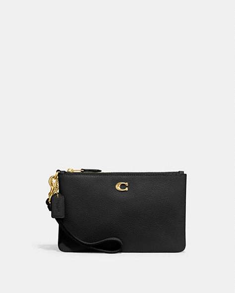 COACH®,SMALL WRISTLET,Polished Pebble Leather,Mini,Brass/Black,Front View