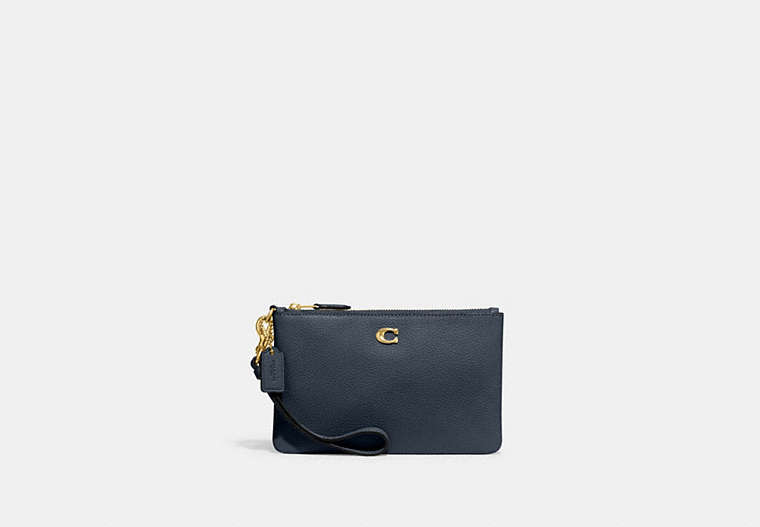 COACH®,SMALL WRISTLET,Polished Pebble Leather,Mini,Brass/Denim,Front View