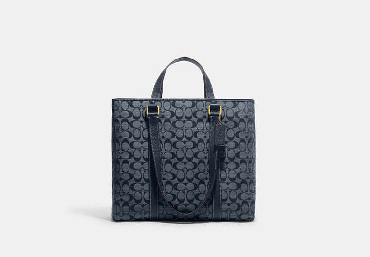 COACH®,HUDSON DOUBLE HANDLE TOTE IN SIGNATURE CHAMBRAY,Office,Brass/Denim,Front View