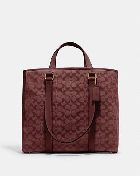 COACH®,HUDSON DOUBLE HANDLE TOTE IN SIGNATURE CHAMBRAY,Office,Brass/Wine,Front View