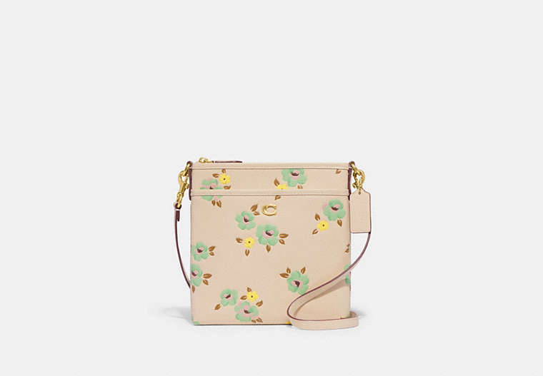 COACH®,KITT MESSENGER CROSSBODY WITH FLORAL PRINT,Smooth Leather,Medium,Floral,Brass/Ivory Multi,Front View