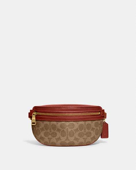 COACH®,BETHANY BELT BAG IN SIGNATURE CANVAS,Refined Calf Leather,Mini,Brass/Tan/Rust,Front View