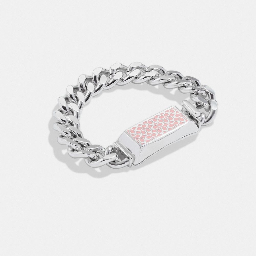 Coach Quilted Signature Link Enamel Bracelet In Silver/pink