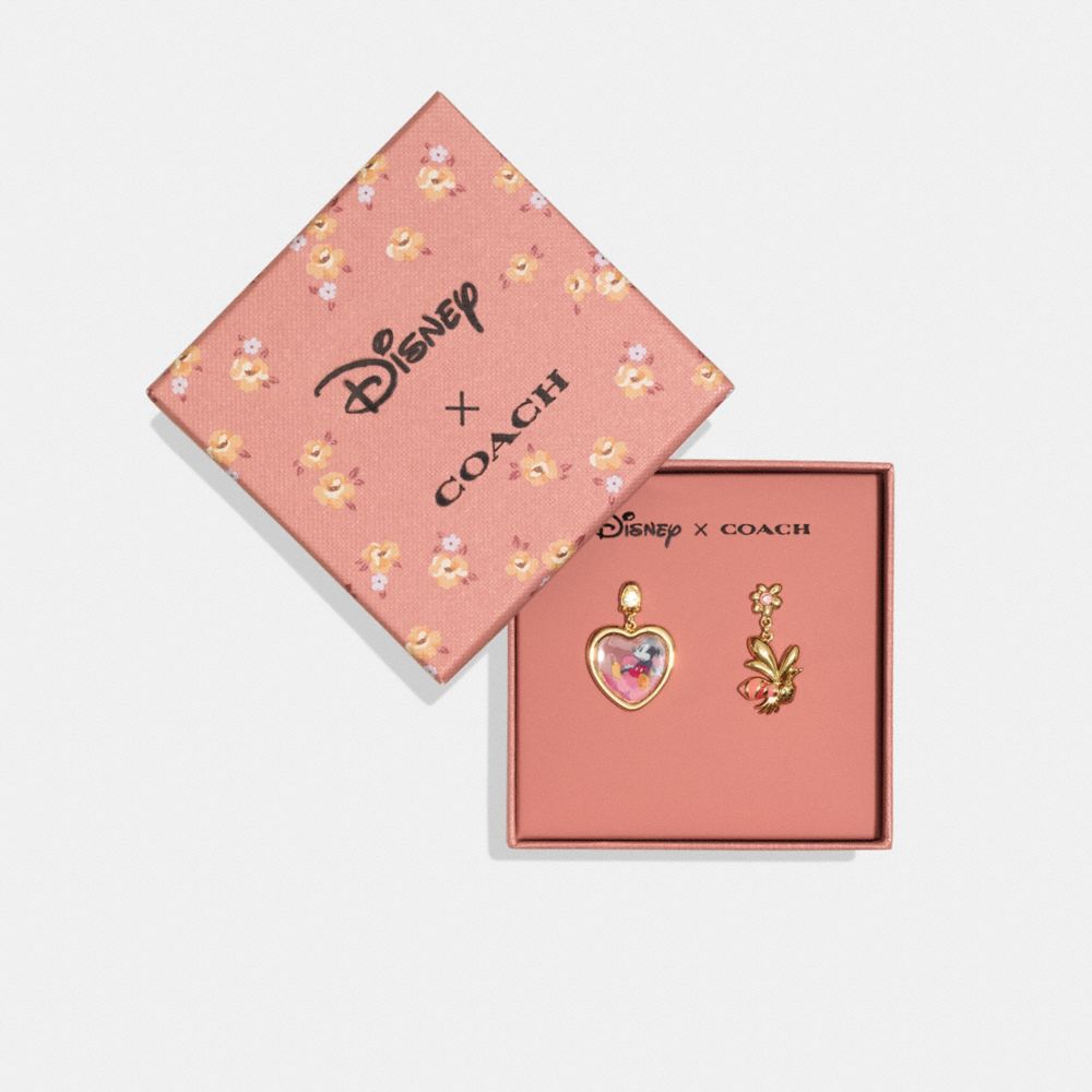 Coach Disney X Mickey Mouse And Flower Bee Mismatch Earrings In Gold
