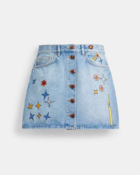 COACH®,COACH X OBSERVED BY US HIGH WAIST DENIM SKIRT,cotton,Space,Blue Multi,Front View