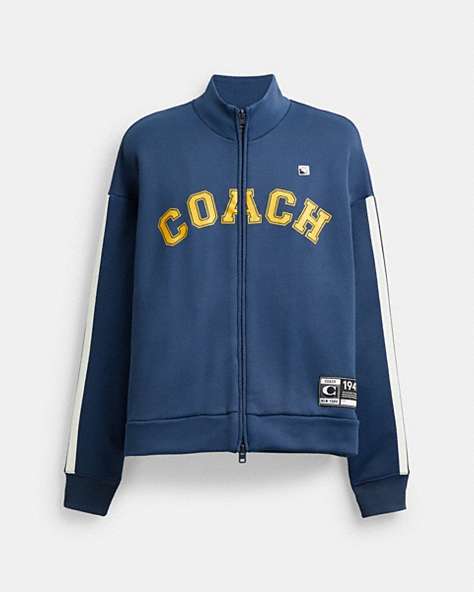 COACH®,LONG SLEEVE RELAXED FULL ZIP SPORT JACKET,Cotton/Nylon,Deep Blue,Front View