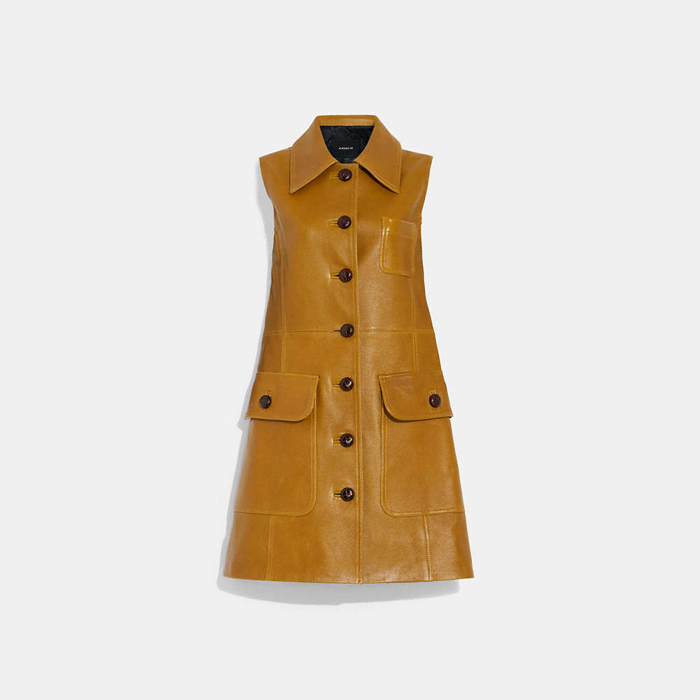 Coach Leather Trench Dress In Light Brown