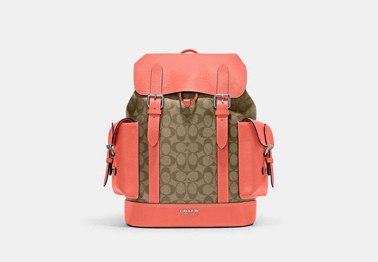 COACH®,HUDSON BACKPACK IN COLORBLOCK SIGNATURE CANVAS,canvas,Silver/Khaki/Tangerine,Front View