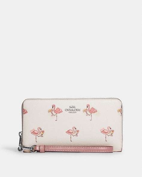 COACH®,LONG ZIP AROUND WALLET WITH FLAMINGO PRINT,Leather,Silver/Chalk/Pink Multi,Front View
