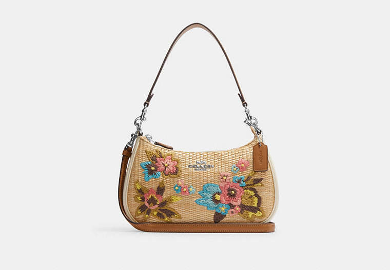 COACH®,TERI SHOULDER BAG WITH FLORAL EMBROIDERY,Straw,Silver/Natural Multi,Front View