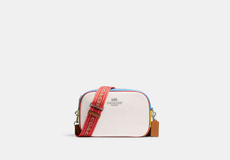 COACH®,JAMIE CAMERA BAG IN COLORBLOCK,Leather,Silver/Chalk Multi,Front View