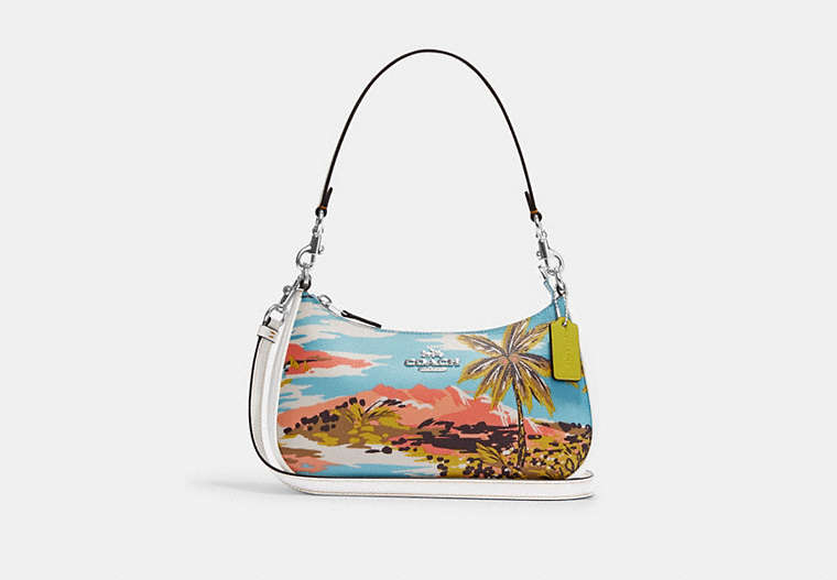 COACH®,TERI SHOULDER BAG WITH HAWAIIAN PRINT,canvas,Silver/Blue Multi,Front View