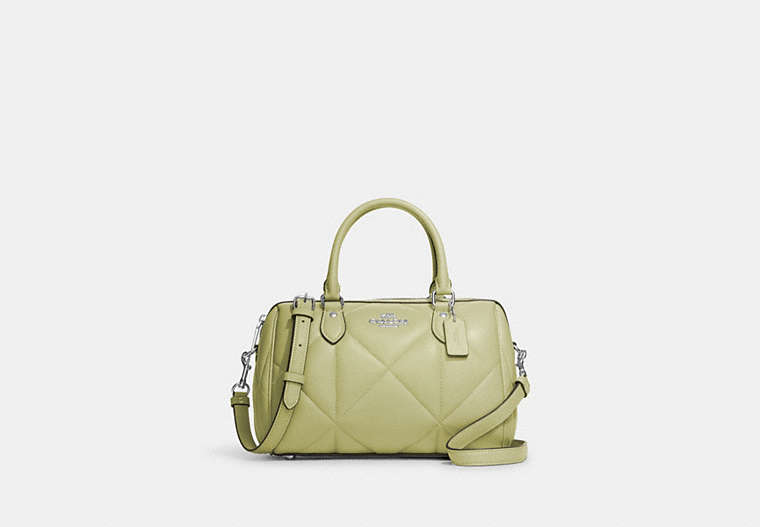 COACH®,ROWAN SATCHEL WITH PUFFY DIAMOND QUILTING,pvc,Medium,Silver/Pale Lime,Front View