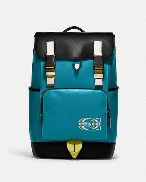 COACH®,TRACK BACKPACK IN COLORBLOCK WITH COACH STAMP,Leather,Black Copper/Teal Multi,Front View