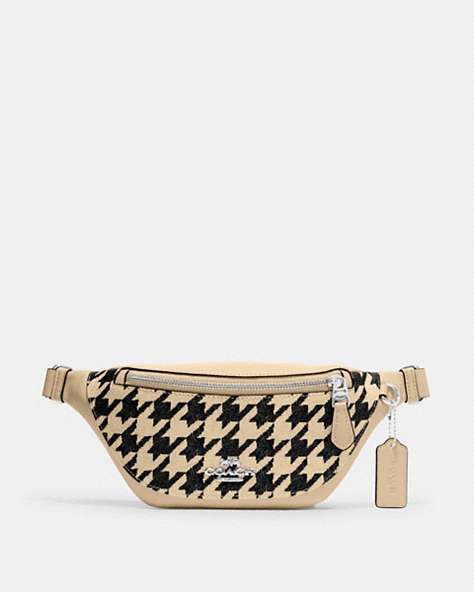 COACH®,WARREN MINI BELT BAG WITH HOUNDSTOOTH PRINT,Mixed Material,Silver/Cream/Black,Front View
