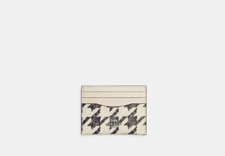 COACH®,SLIM ID CARD CASE WITH HOUNDSTOOTH PRINT,Mixed Material,Silver/Cream/Black,Front View