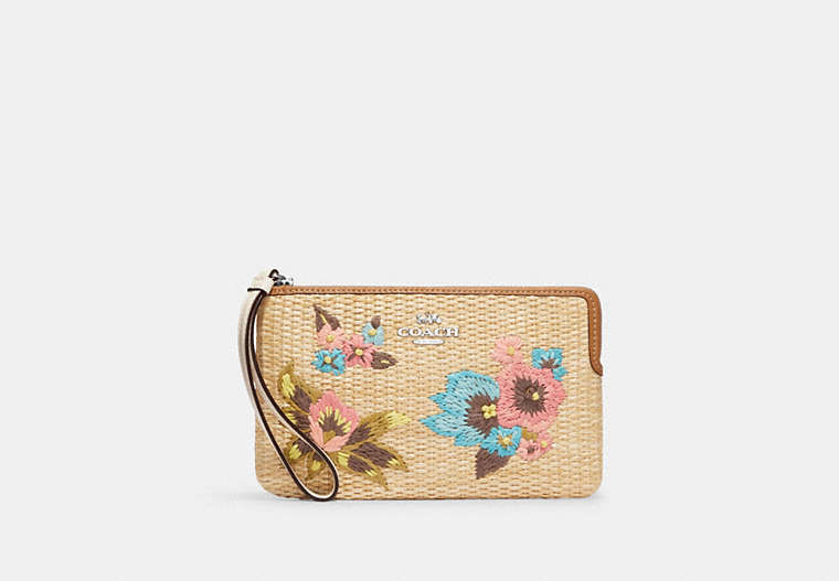 Large Corner Zip Wristlet With Floral Embroidery