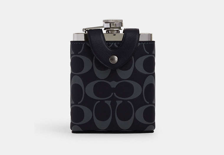 COACH®,FLASK IN SIGNATURE LEATHER,Leather,Black Antique Nickel/Midnight Navy/Denim,Front View