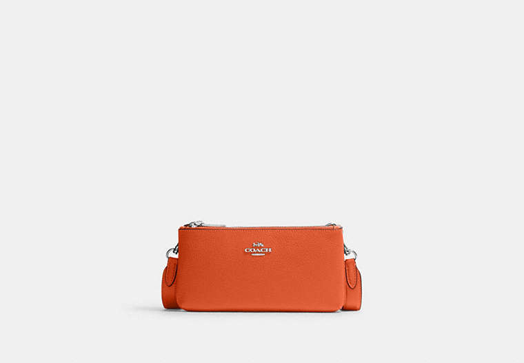 COACH®,DOUBLE ZIP CROSSBODY,Leather,Silver/Bright Orange,Front View