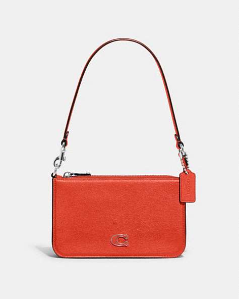 COACH®,POUCH BAG WITH SIGNATURE CANVAS DETAIL,Crossgrain Leather,Sun Orange,Front View