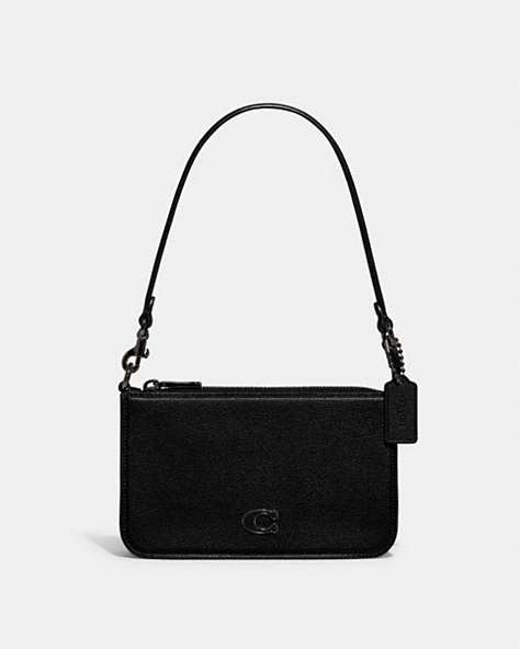 COACH®,POUCH BAG WITH SIGNATURE CANVAS DETAIL,Crossgrain Leather,Black,Front View