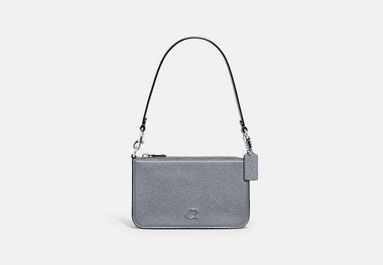 COACH®,POUCH BAG WITH SIGNATURE CANVAS DETAIL,Crossgrain Leather,Mini,Grey Blue,Front View image number 0
