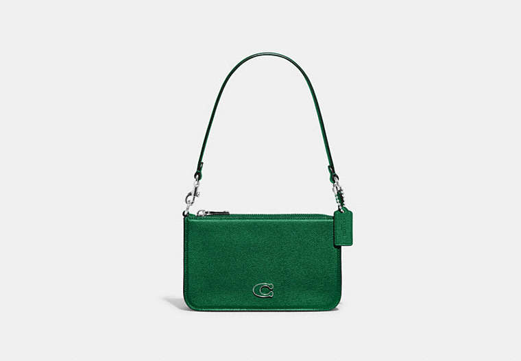 COACH®,POUCH BAG WITH SIGNATURE CANVAS DETAIL,Crossgrain Leather,Green,Front View
