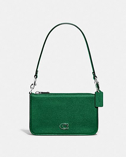 Coach Pebbled Leather Pouch Silver Tone Shoulder Bag - Green
