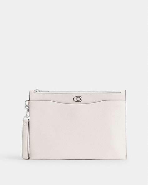 COACH®,POUCH WRISTLET IN CROSSGRAIN LEATHER WITH SIGNATURE CANVAS INTERIOR,Crossgrain Leather,Chalk,Front View