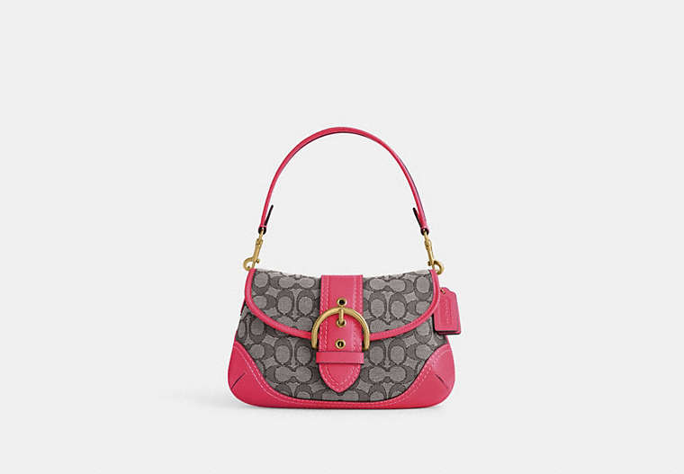 COACH®,SOHO BAG IN SIGNATURE JACQUARD,Signature Jacquard,Small,Brass/Petunia,Front View image number 0