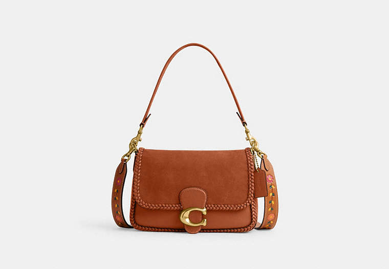 COACH®,SOFT TABBY SHOULDER BAG WITH BRAID,Leather/Suede,Medium,Brass/Burnished Amber,Front View