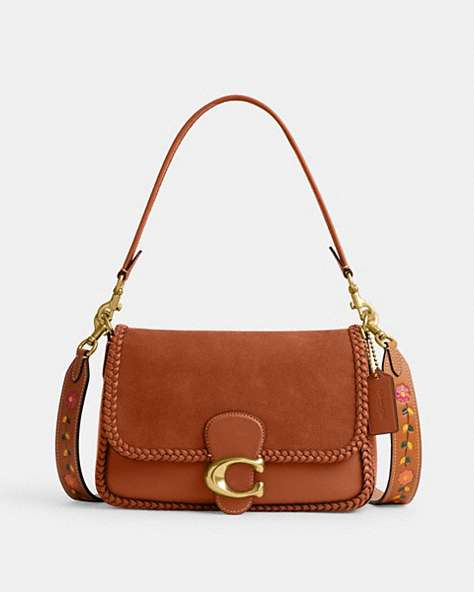 COACH®,SOFT TABBY SHOULDER BAG WITH BRAID,Leather/Suede,Small,Brass/Burnished Amber,Front View