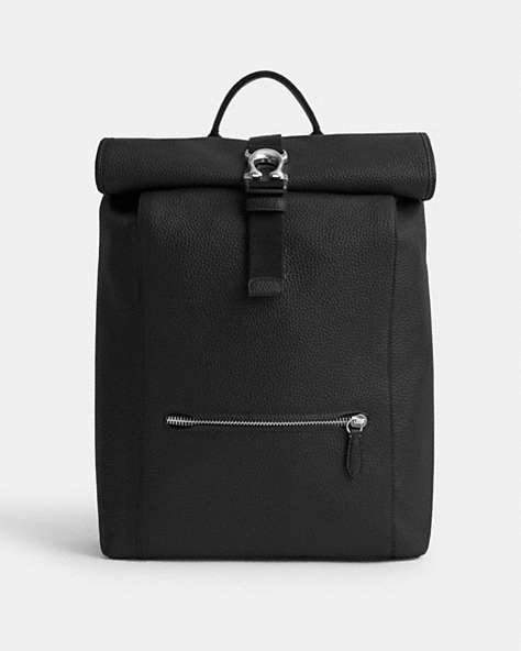 COACH®,BECK ROLL TOP BACKPACK,Pebble Leather,Large,Black,Front View