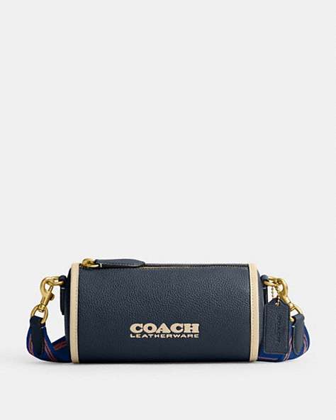 COACH®,ORION BARREL BAG,Polished Pebble Leather,Small,Brass/Denim,Front View