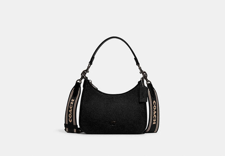 COACH®,HOBO CROSSBODY WITH SIGNATURE CANVAS DETAIL,Crossgrain Leather,Small,Black,Front View