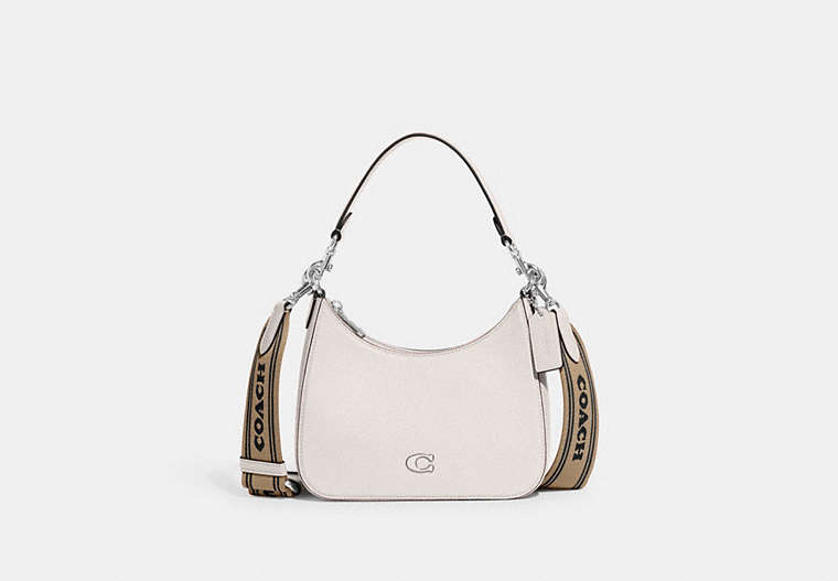 COACH®,HOBO CROSSBODY WITH SIGNATURE CANVAS DETAIL,Crossgrain Leather,Small,Chalk,Front View