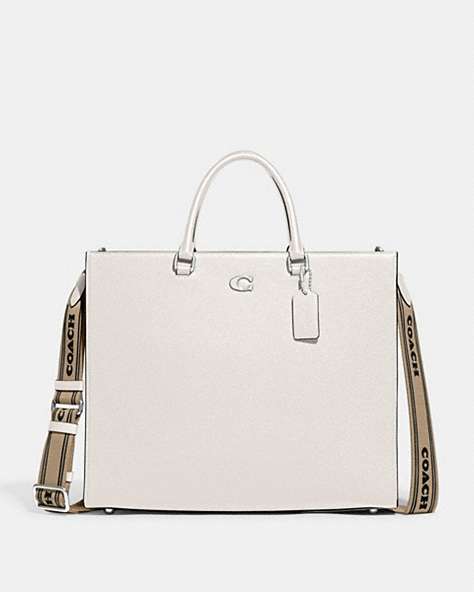 COACH®,TOTE 40 WITH SIGNATURE CANVAS DETAIL,Crossgrain Leather,Large,Chalk,Front View