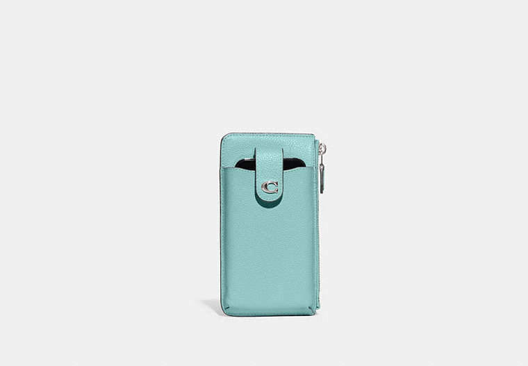 COACH®,ESSENTIAL PHONE WALLET,Polished Pebble Leather,Silver/Faded Blue,Front View