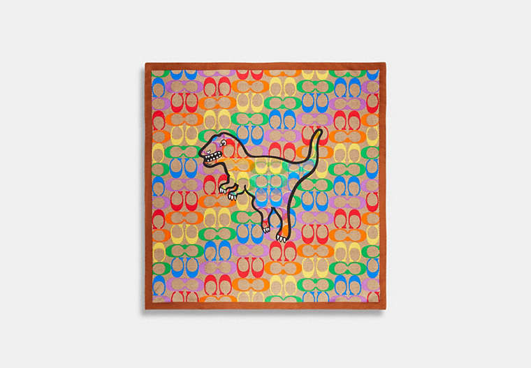 COACH®,RAINBOW SIGNATURE SILK SQUARE SCARF WITH REXY,Silk,Rexy,Multi,Front View