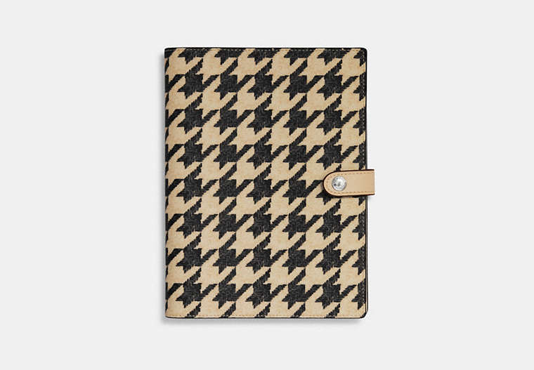 COACH®,NOTEBOOK WITH HOUNDSTOOTH PRINT,Mixed Material,Silver/Cream/Black,Front View